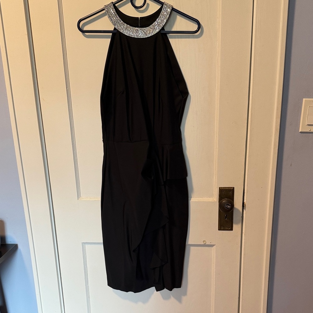 Alex Evenings Black Asymmetrical Dress with Silver Neckline